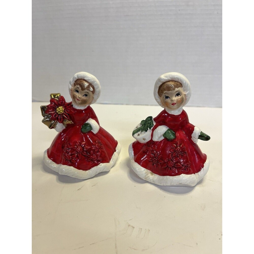 2 Lefton Poinsettia Girls Present Vintage Christmas Figurine Red Dress 6604